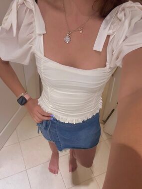 For Love & Lemons Ivory Ruched Square-Neck Tie-Sleeve Camisole